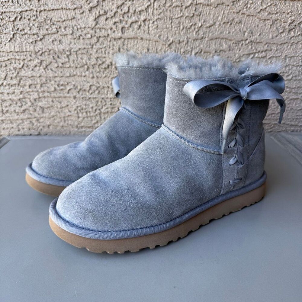 UGG Lace Mini Boots Womens 8 Gray Suede Corset Bow Classic Shearling Pull On